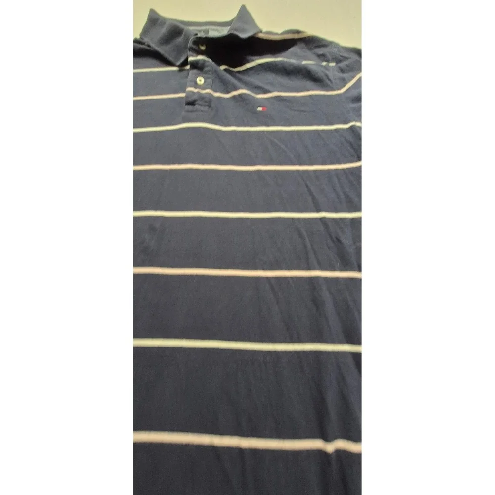 Tommy Hilfiger men's navy blue‎ striped polo shirt XL 100% Cotton Custom Fit